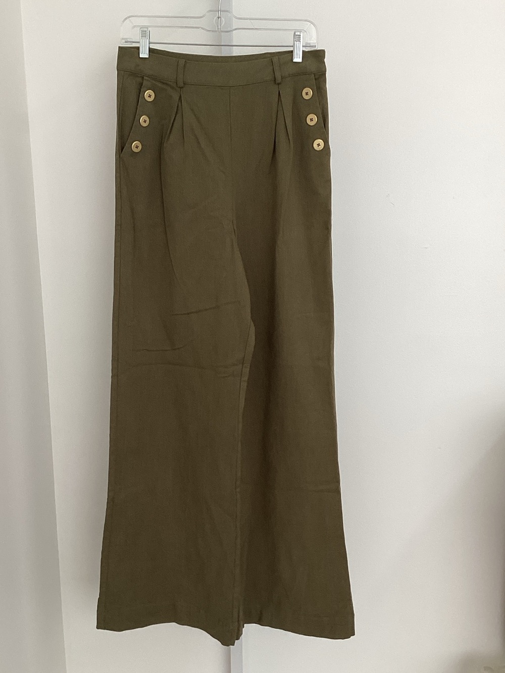 Olive Wide-Leg Button-Detail Pants